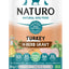 NATURO natural dog food can with turkey in herb gravy on a light blue background