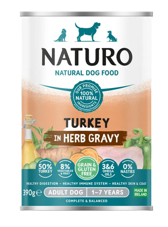 NATURO natural dog food can with turkey in herb gravy on a light blue background