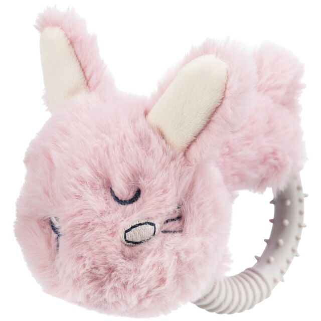 Pink fluffy dog toy with animal design on a white background