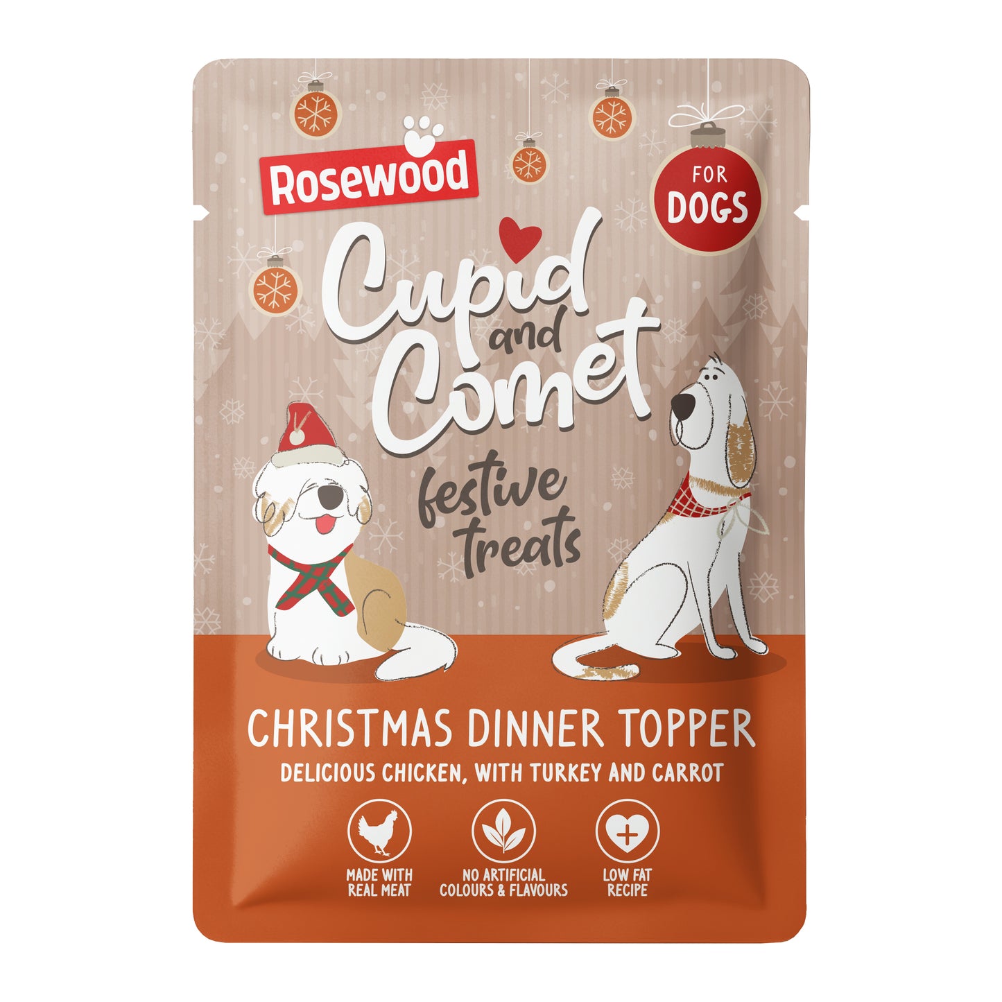 Rosewood Cupid and Comet festive treats packaging for dogs on a white background