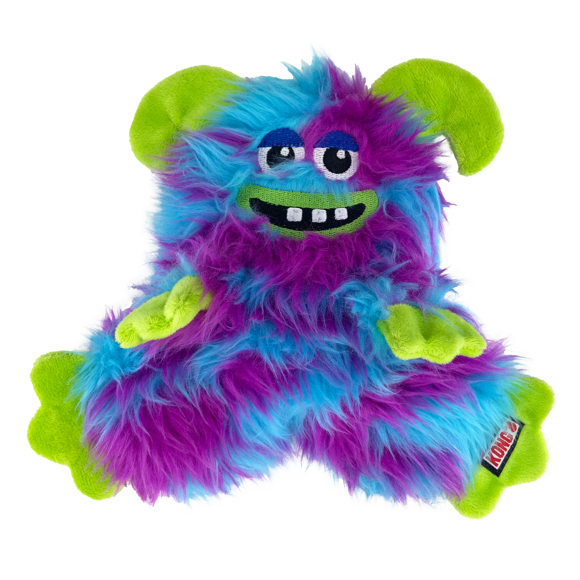 Colorful plush dog toy with blue, purple, and green fur on a white background