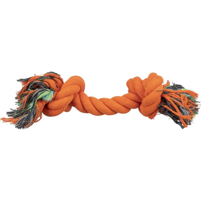 Orange dog rope toy with fringes on a white background