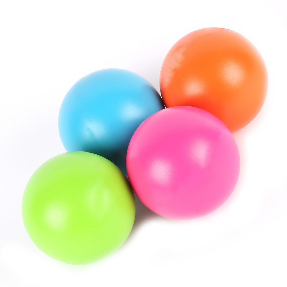 Four colorful balls dog toys (blue, orange, pink, green) on a white background