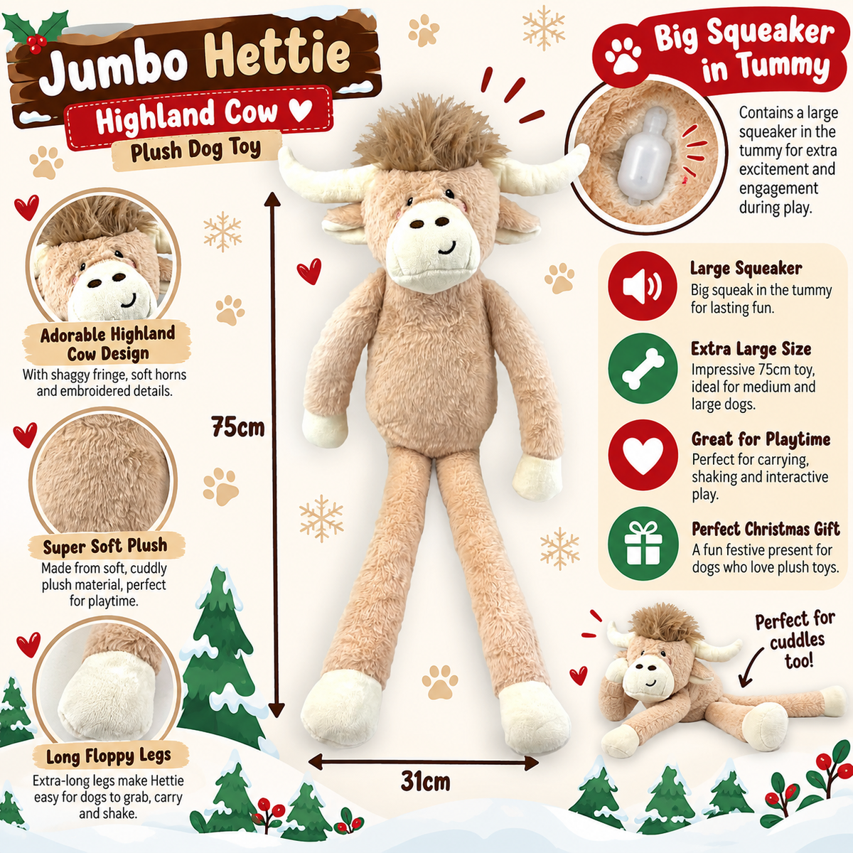 Jumbo Hettie Highland Cow 🐂 Plush Christmas Dog Toy by Happy Pet