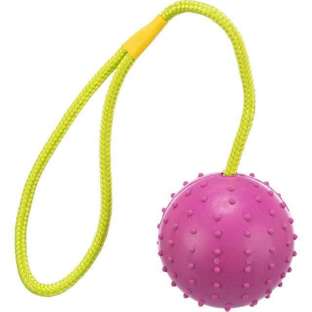 Image of pink textured dog ball with a yellow rope for tugging