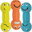 Three colorful dog toys with smiling faces on a white background