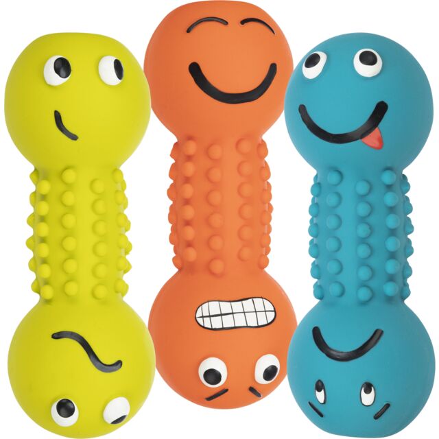 Three colorful dog toys with smiling faces on a white background