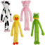 Four plush dog toys shaped like a cow, pig, duck, and frog on a white background