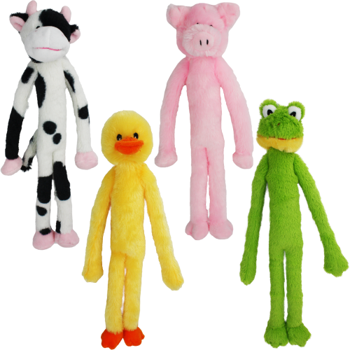 Four plush dog toys shaped like a cow, pig, duck, and frog on a white background
