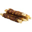 Three braided dog chew treats on a white background