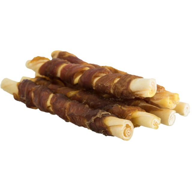 Three braided dog chew treats on a white background