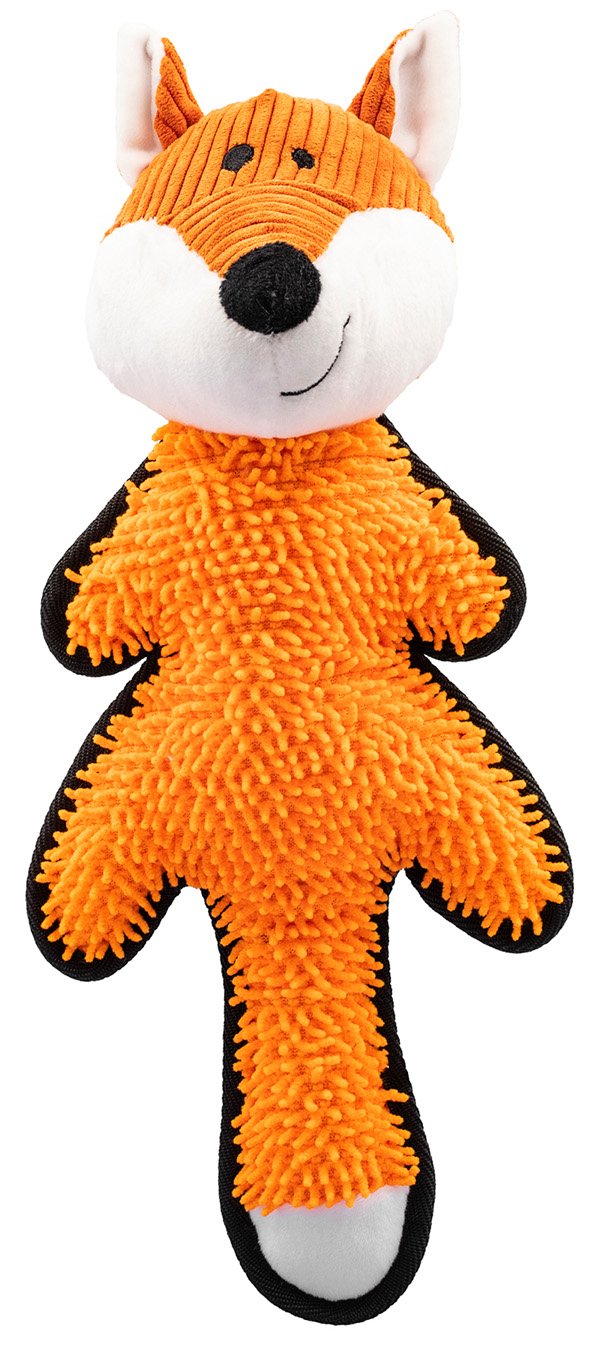 Orange fox-shaped dog toy with black accents on a white background