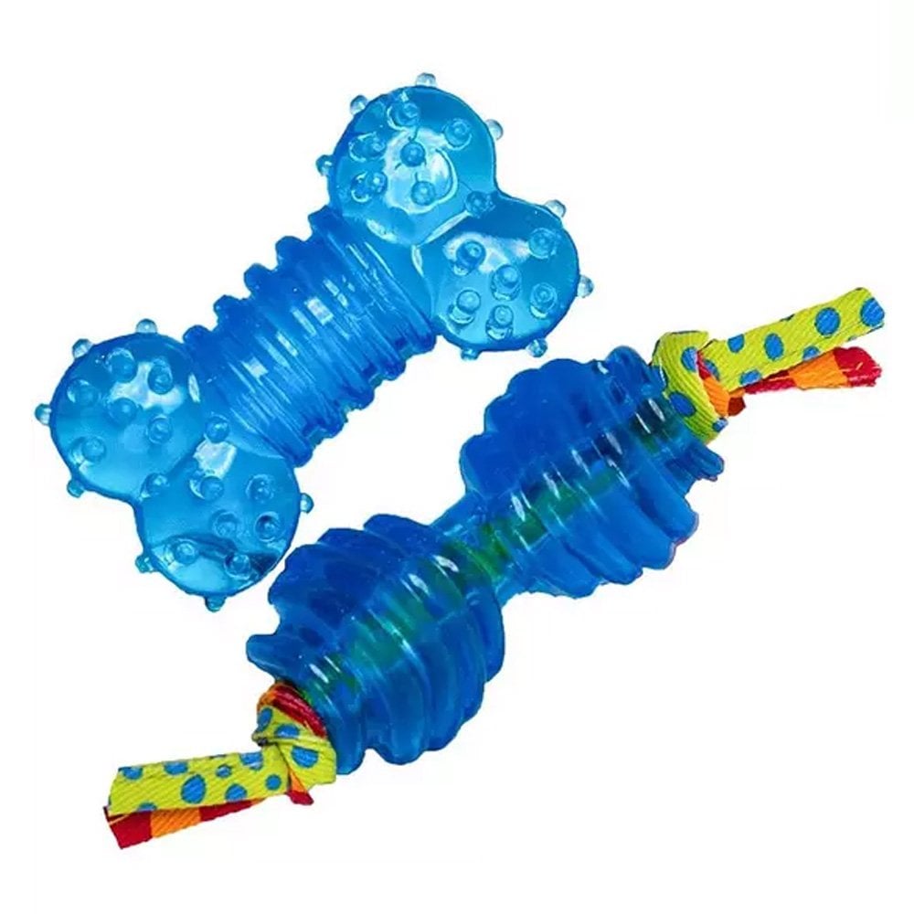 Blue dog toy with colorful ends on a white background