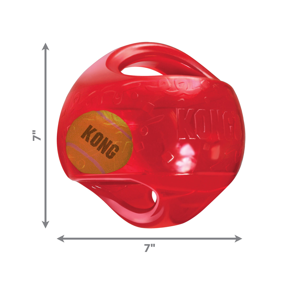 Red KONG dog toy with dimensions on a white background