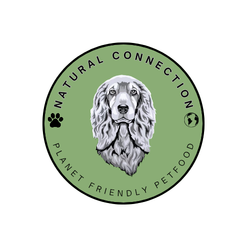 Logo of Natural Connection, a planet-friendly pet food brand, featuring a dog illustration on a green background.
