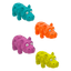 Four colorful hippo toys in blue, orange, purple, and yellow on a white background