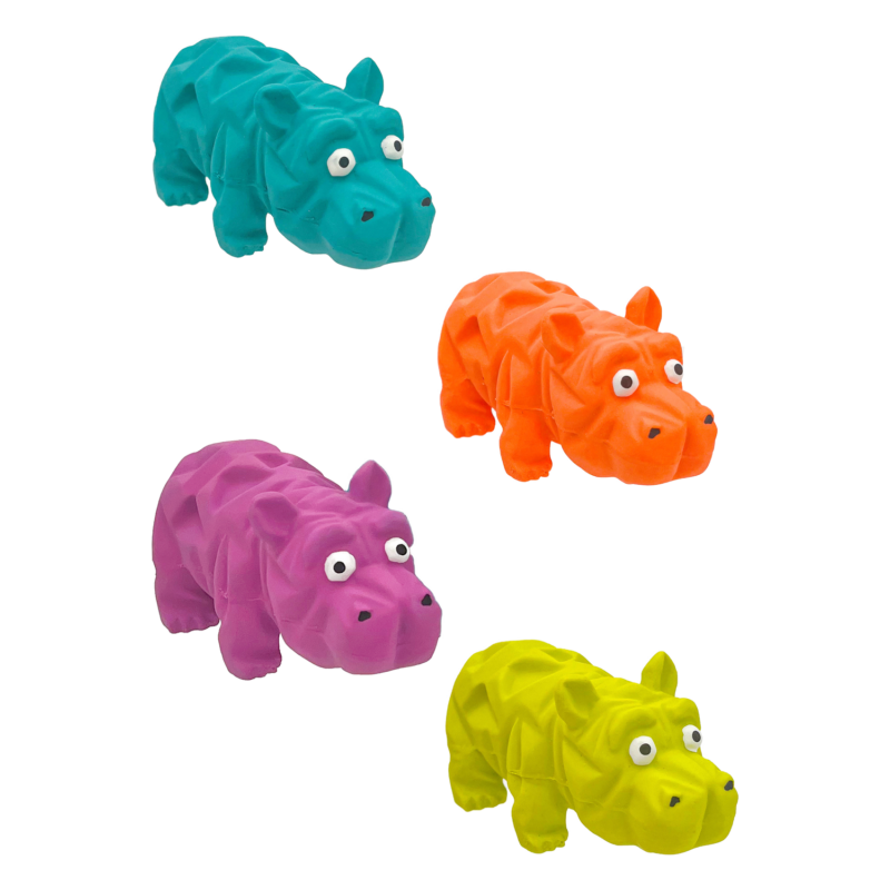 Four colorful hippo toys in blue, orange, purple, and yellow on a white background