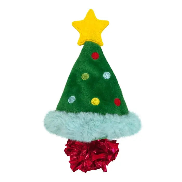 Christmas-themed cat toy shaped like a decorated tree with a star on a white background