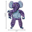 Purple elephant dog toy with checkered pattern and dimensions on a white background