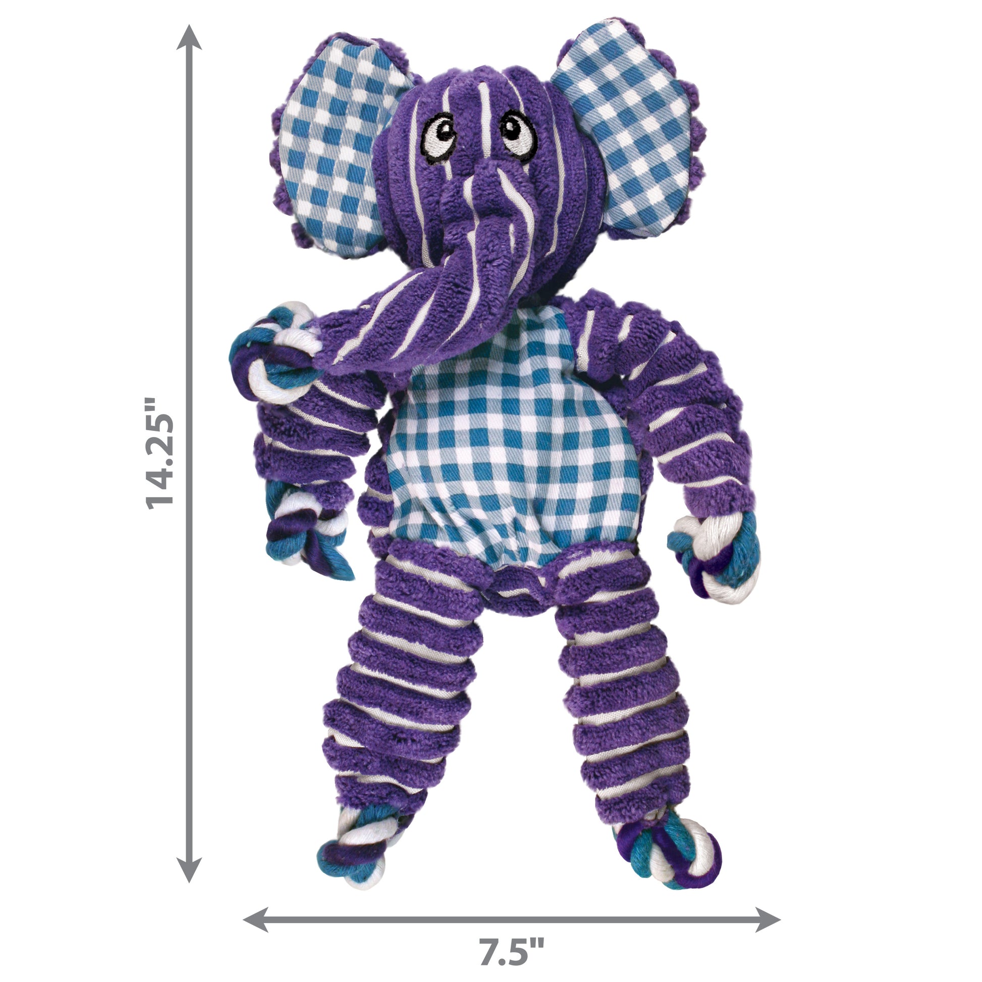 Purple elephant dog toy with checkered pattern and dimensions on a white background