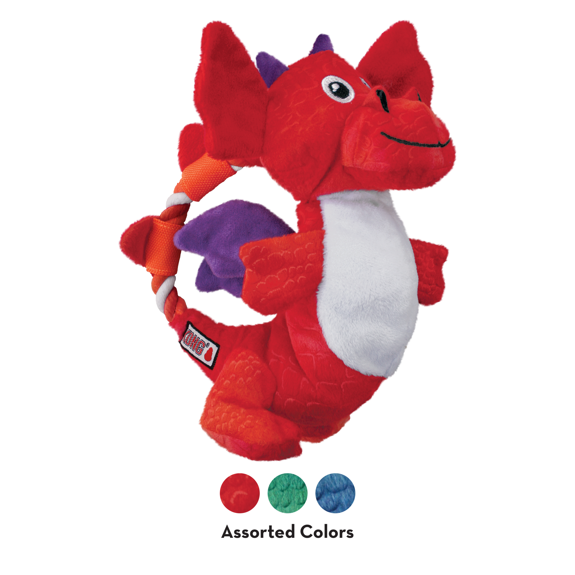 Red dragon-shaped dog toy with purple accents on a white background