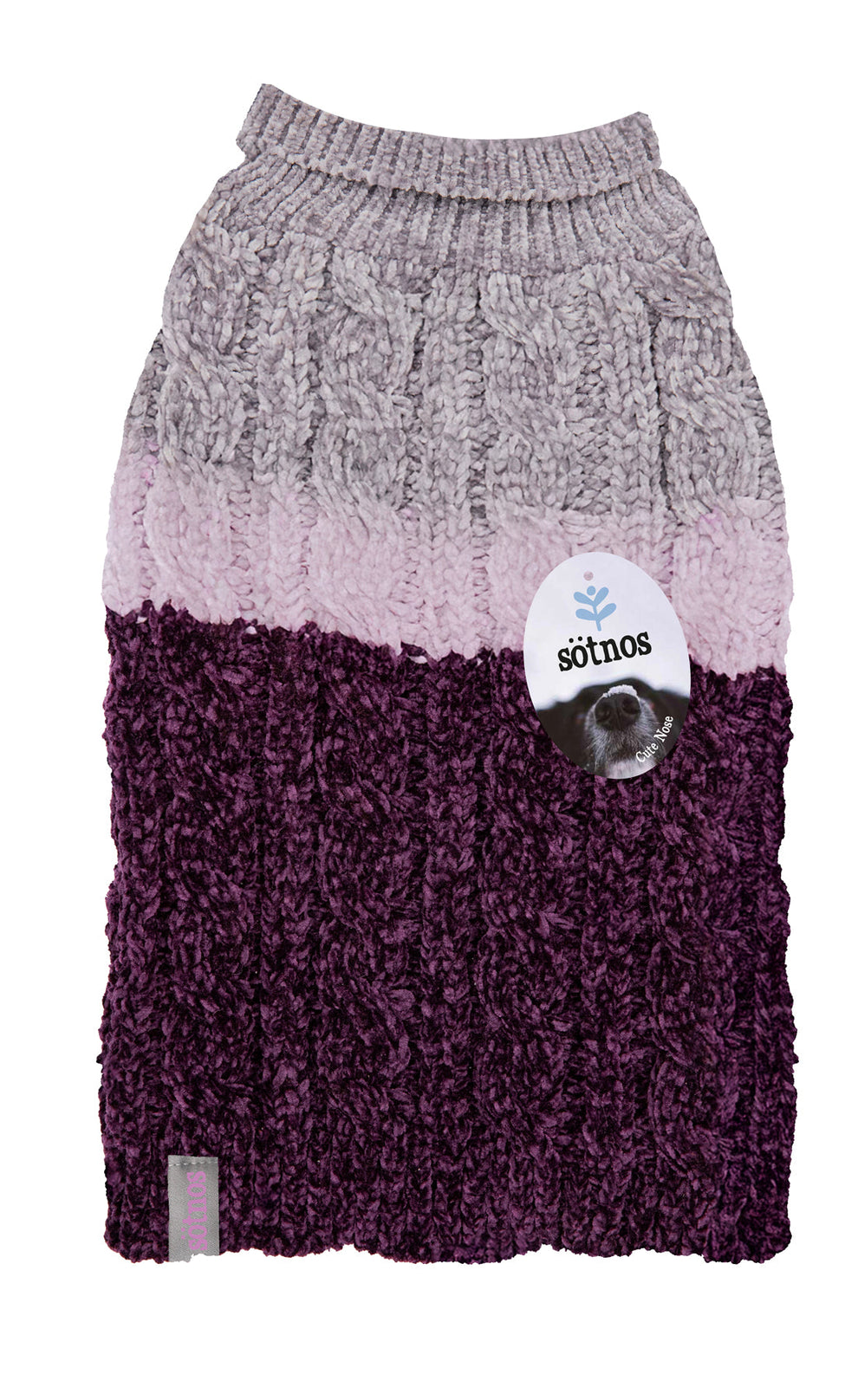 Knitted dog sweater with a gradient pattern and brand label on a white background