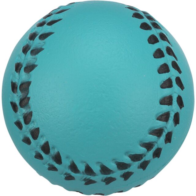 Teal dog ball with black stitching on a white background