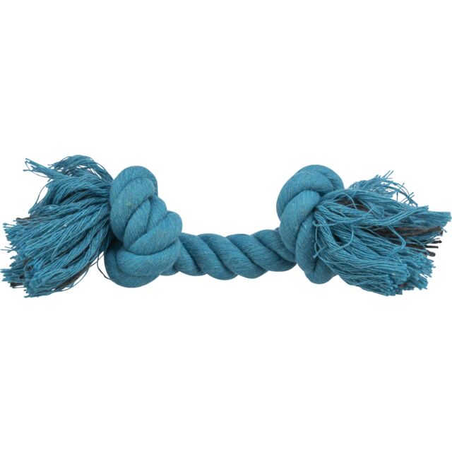 Blue dog rope toy with tassels on a white background