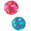 Two colorful dog toys with paw, bone, and footprint patterns on a white background.