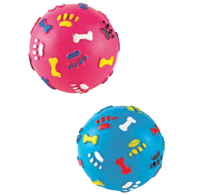 Two colorful dog toys with paw, bone, and footprint patterns on a white background.
