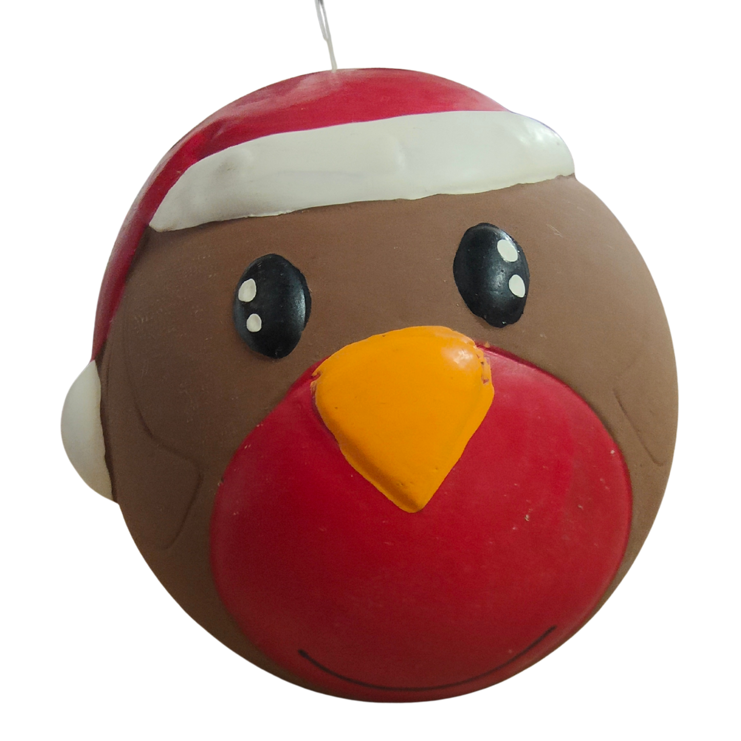 Brown latex dog ball toy with a red beak and Santa hat on a white background