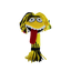 Plush dog toy with a face, yellow hair, and red scarf on a white background