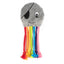 Plush puppy toy with a gray face, black eye patch, and colorful tassels on a white background