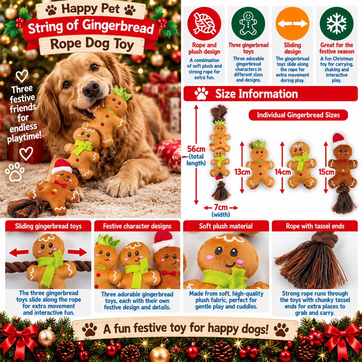 String of Gingerbread 🎄 Christmas Rope Dog Toy by Happy Pet