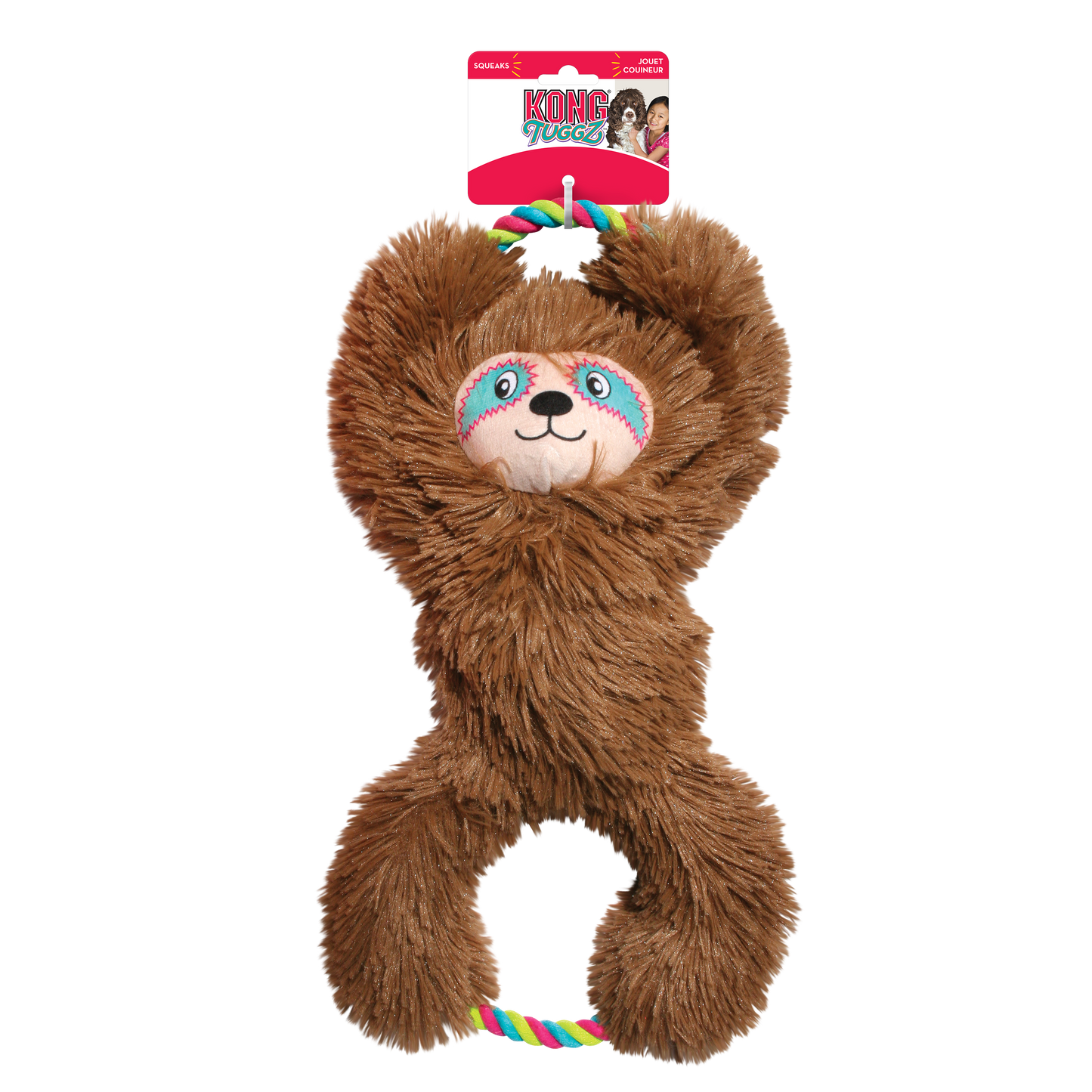 Plush sloth dog  toy with colorful rope on a white background
