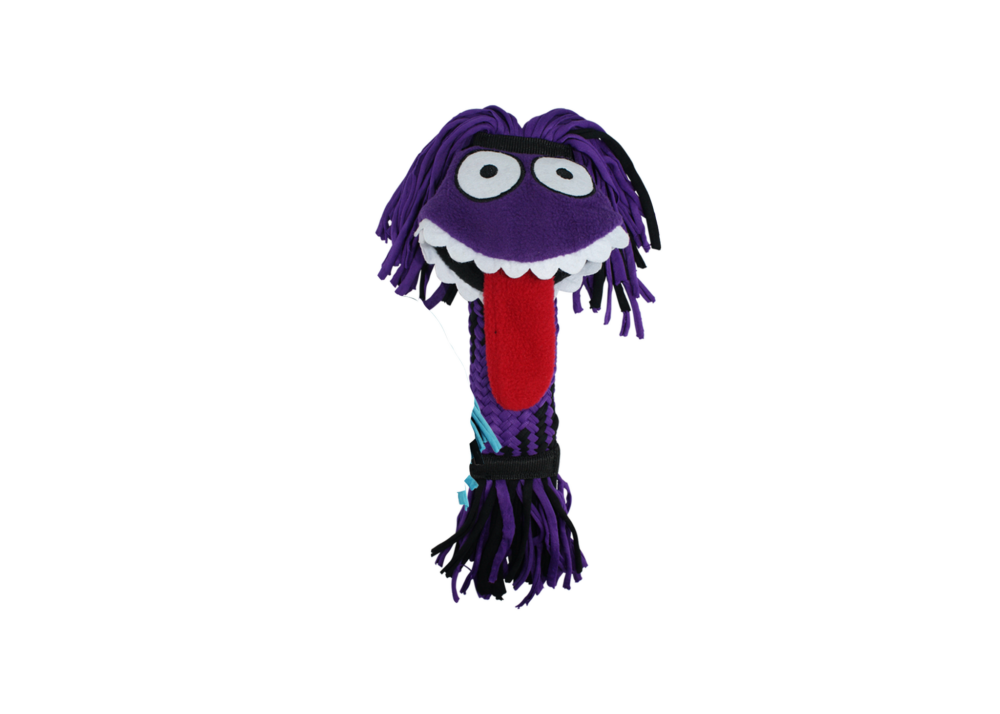 Monster-like plush dog toy with purple hair, white eyes, and a red tongue on a white background