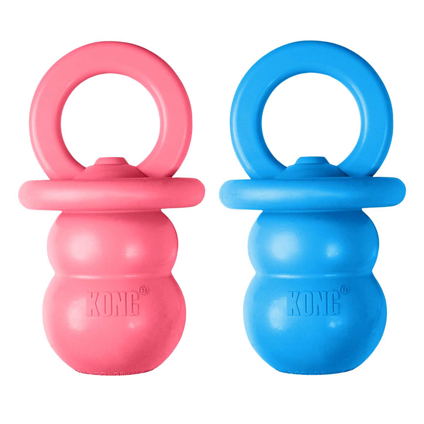 Pink and blue KONG dog toys on a white background
