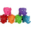 Set of colorful elephant dog toys in pink, purple, red, orange, green, and blue on a white background.