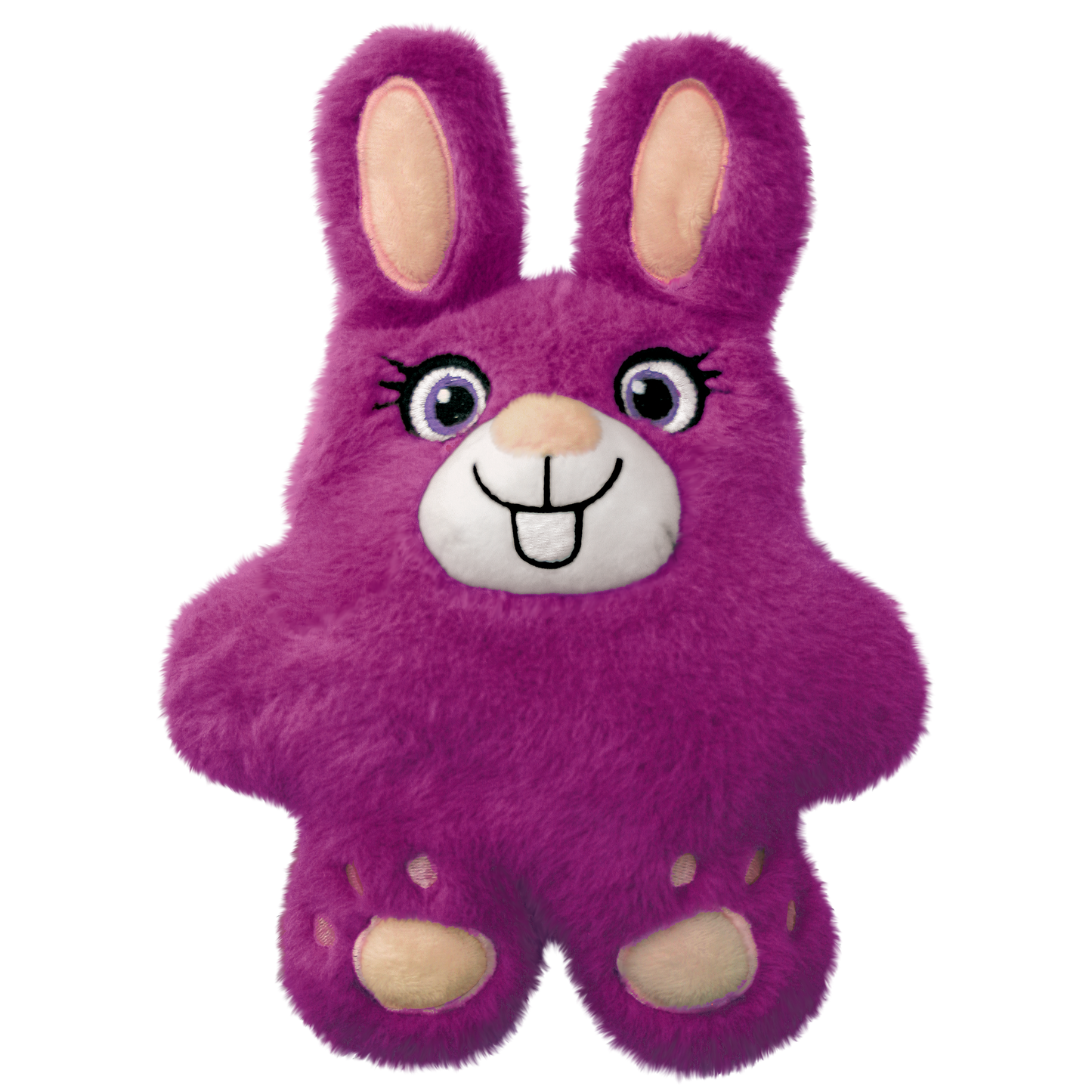 Purple plush dog toy with a happy expression on a white background