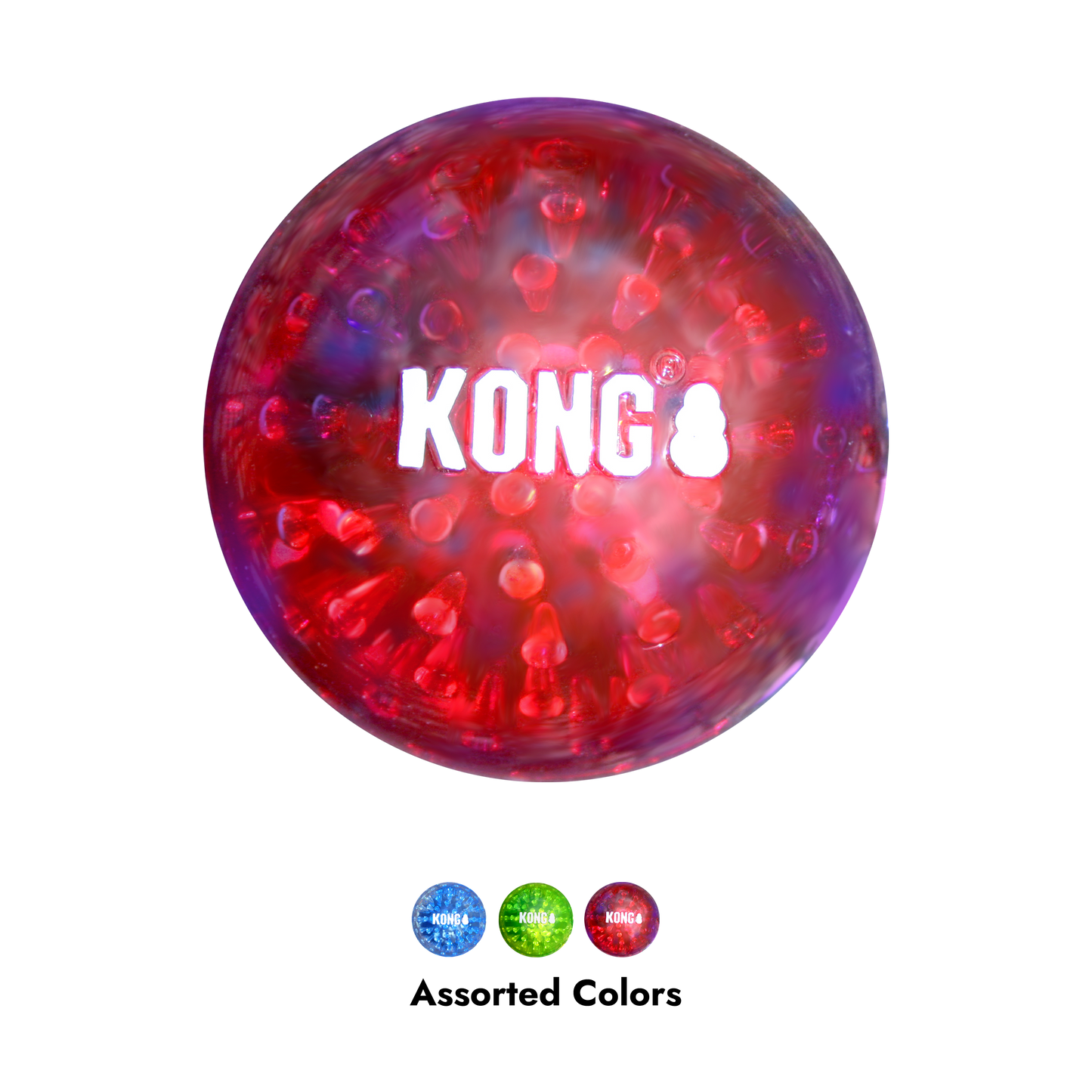 Red and blue KONG ball on a white background with 'Assorted Colors' text below.