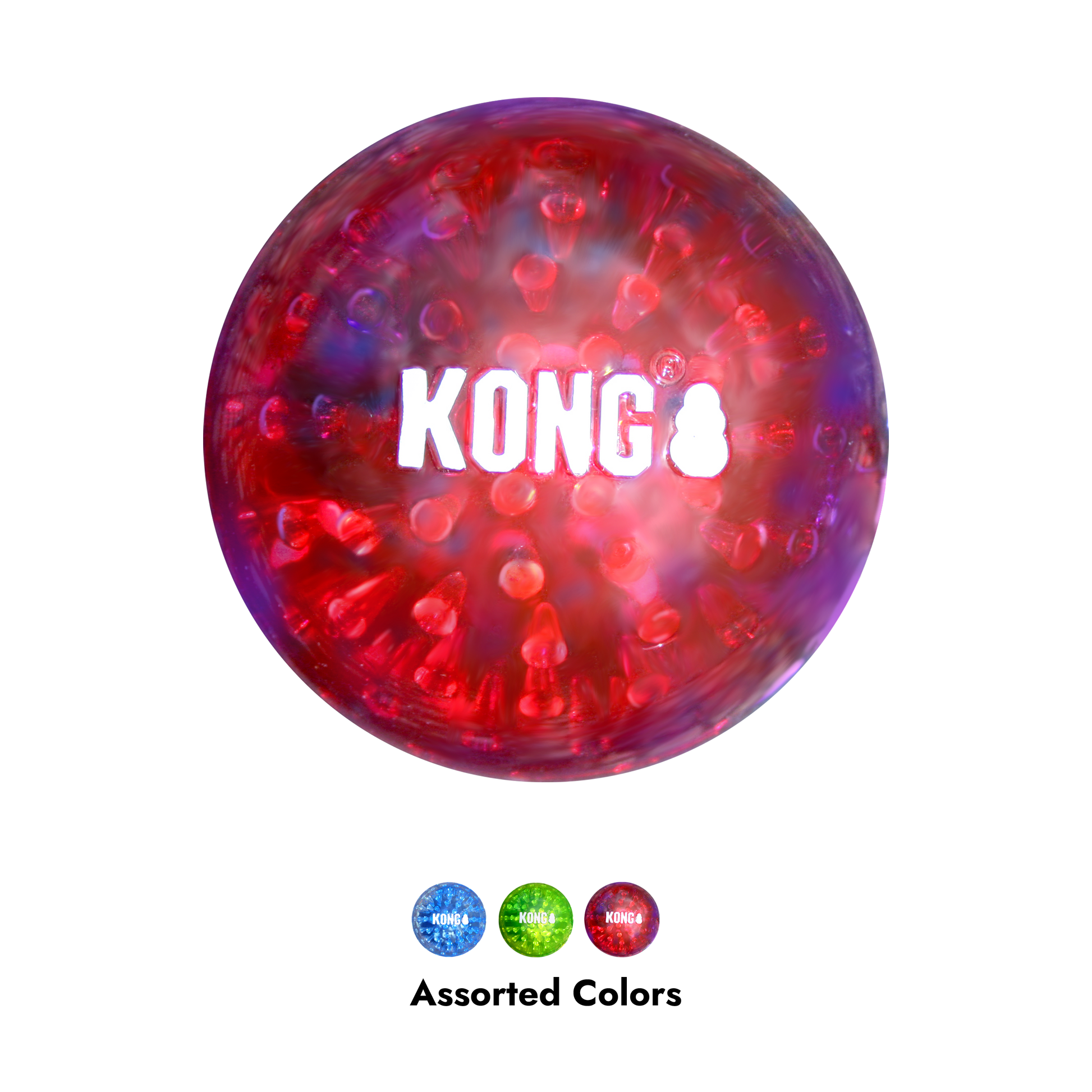 Red and blue KONG ball on a white background with 'Assorted Colors' text below.