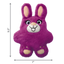 Purple plush bunny dog toy with measurements on a white background