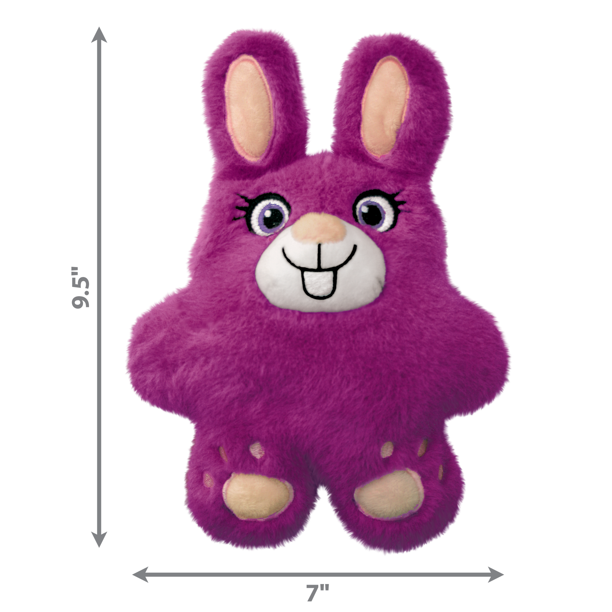 Purple plush bunny dog toy with measurements on a white background