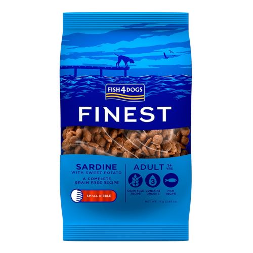 Blue package of Fish4Dogs Finest Sardine with Sweet Potato dog food on a white background