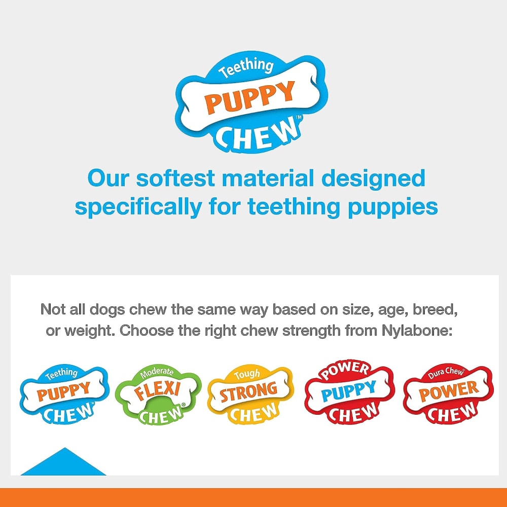 Teething Puppy Chew product line with different chew strengths on a light gray background