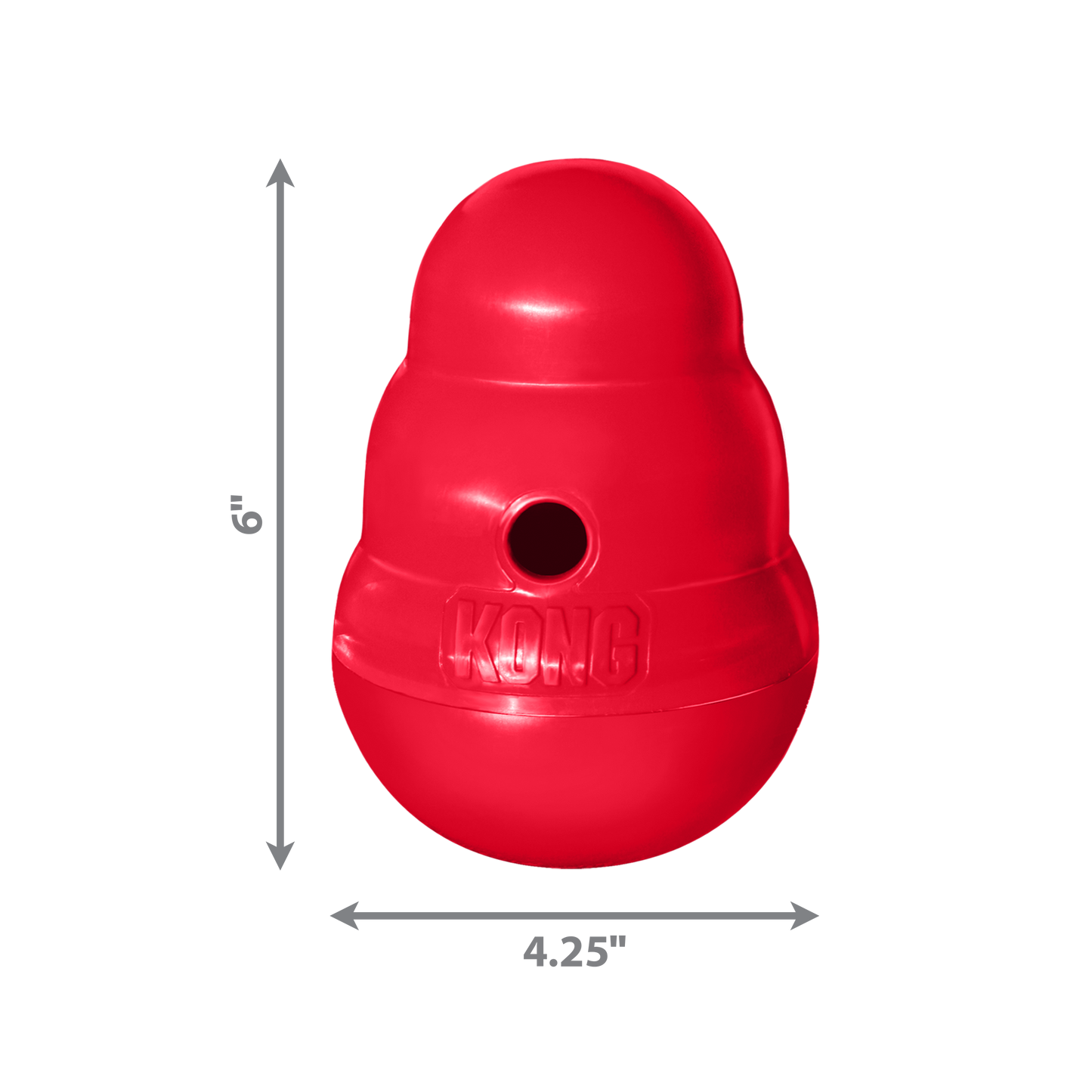Red KONG dog toy with dimensions on a white background