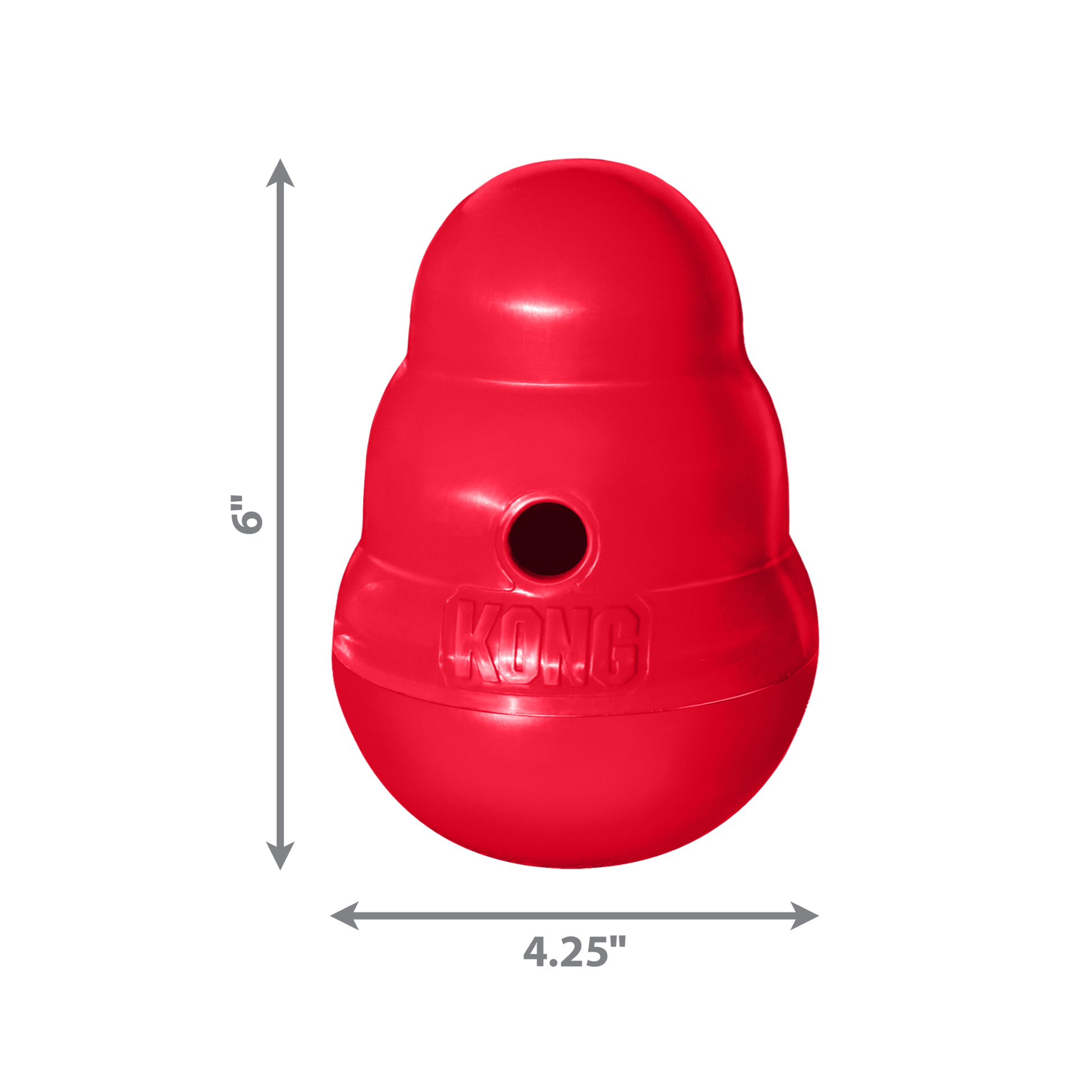 Red KONG dog toy with dimensions on a white background