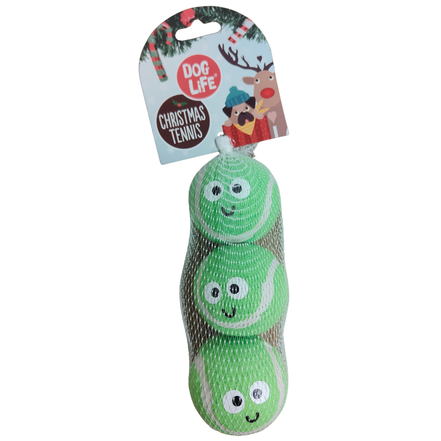 Three green tennis balls with smiling faces in a mesh bag, branded 'Dog Life', on a white background.