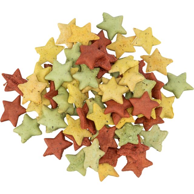Christmas cat treats, star shaped, yellow, red, green colours