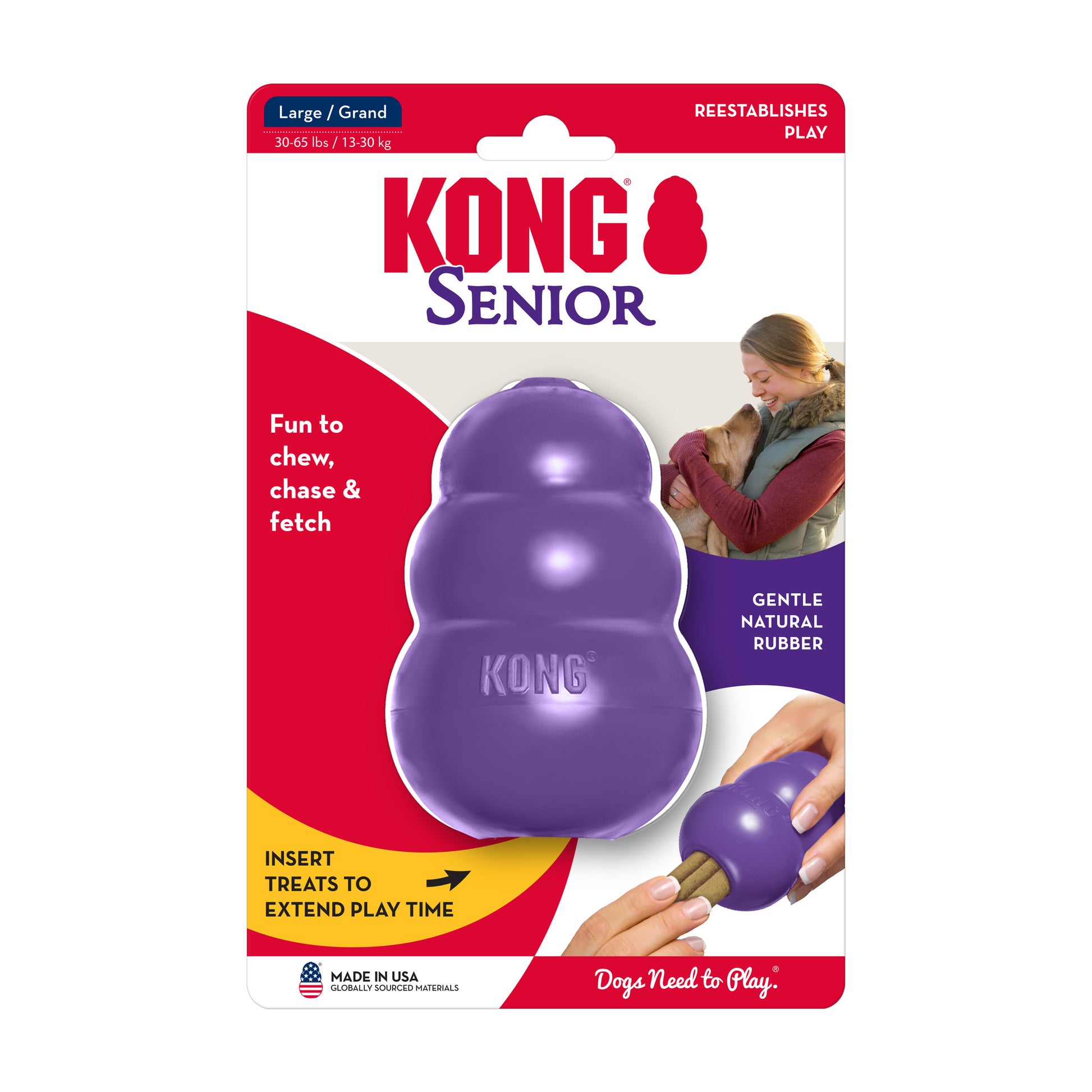 KONG Senior dog toy packaging with purple toy on a white background